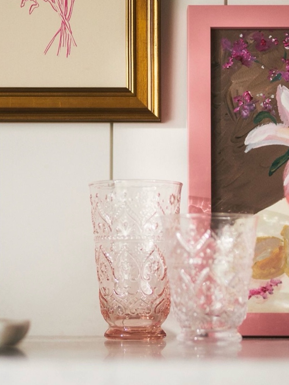 New! NWT Anthropologie Bombay Handblown Glass Tumblers in Pink. Set of four.